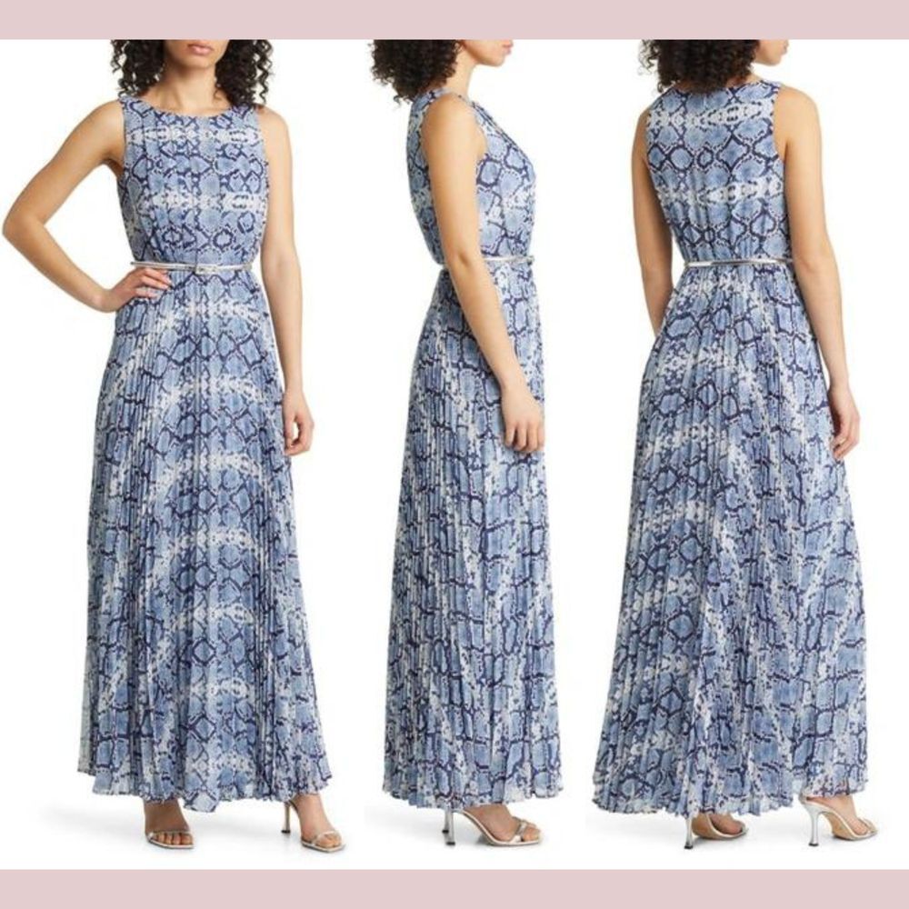 NEW $158 Eliza J [ 10‎ ] Sleeveless Snakeskin Pleated Maxi Dress Cobalt Blue